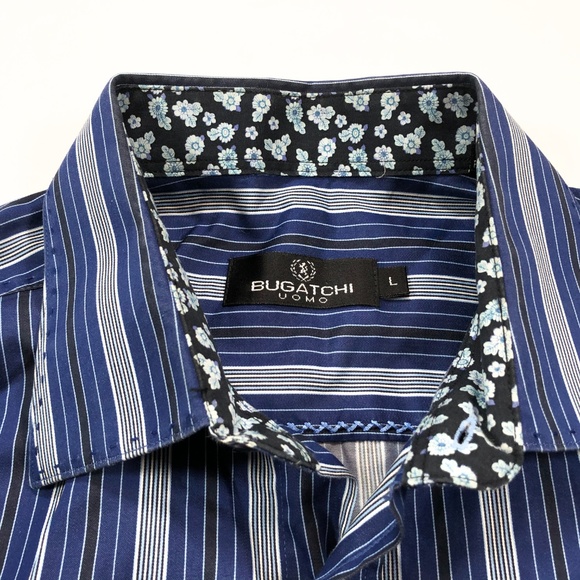 Bugatchi Uomo L Floral Flip Cuff Blue Stripe Shirt - Picture 3 of 4